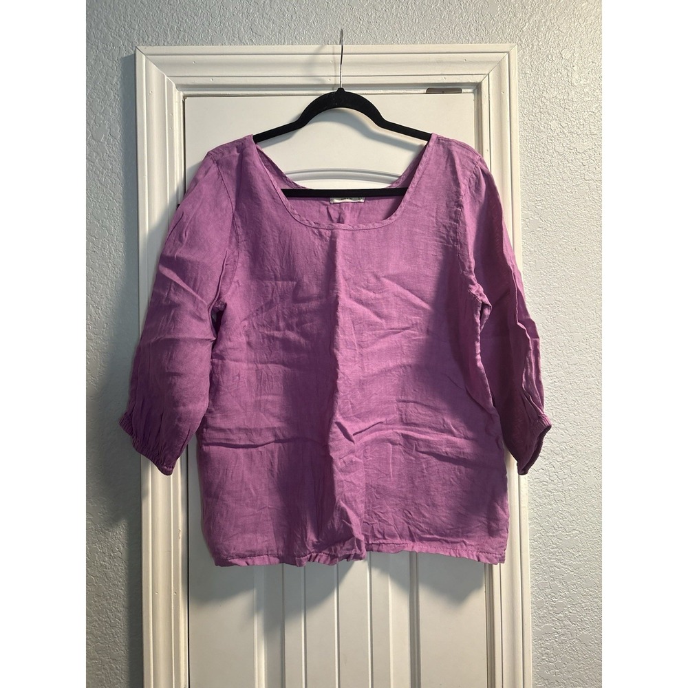Terzo Millennio Made In Italy Linen Blouse Purple 3/4 Sleeve Scoop Neck Size L